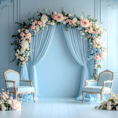 Light-blue room, floral archway, elegant decor