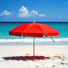 Red beach umbrella on white sand, turquoise water, blue sky