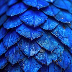 Close-up of vibrant blue, layered scales or feathers.  Textured, intricate pattern