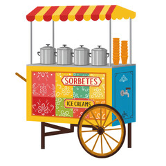Traditional street food ice cream and sorbetes cart, vibrant panels, wooden wheel, silver containers, waffle cones, against a transparent background with copy space, nostalgic charm concept