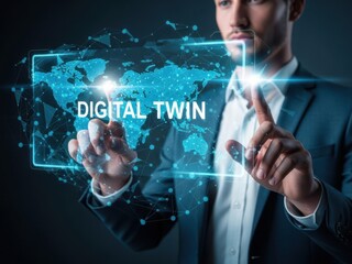 Businessman interacting with a digital twin interface showing a global network on a futuristic screen.