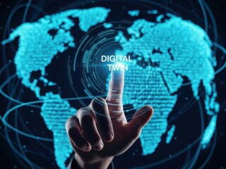 Hand touching digital twin interface representing global connectivity and advanced technology in blue tones