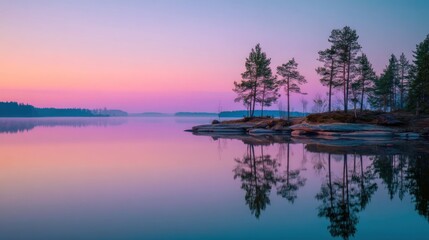 Obraz premium A serene lakeside scene with a pink and purple sunset, silhouetted trees, and a calm body of water.