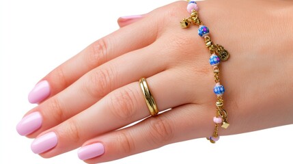 A woman's hand adorned with a delicate bracelet and a ring, with pink nails and a manicured appearance, against a white background.
