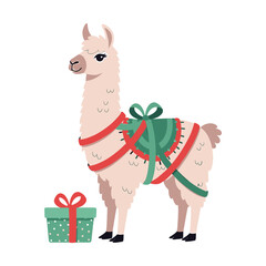 Obraz premium Cute cartoon llama wearing festive christmas decorations and a gift box