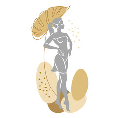 Silhouette of a cute lady and leaves of a plant. The girl is standing. The woman has a beautiful figure. She is young and slim. Vector illustration.