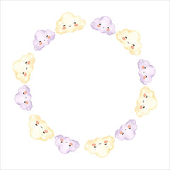 Obraz premium Round frame of hand-drawn clouds. in watercolor style, with eyes, cute, smile. Delicate children's frame is ideal for invitations, cards, packaging, branding and elegant design projects