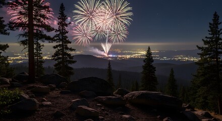 Fireworks illuminate a quiet pier and shimmering sea under a festive night sky