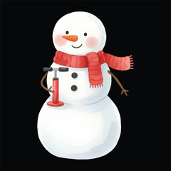 Cute snowman watercolor vector illustration as bicycle mechanic holding pump isolated on black background
