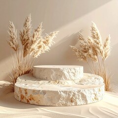 Beige stone podium with pampas grass.  Soft sunlight