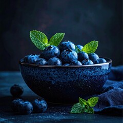 Blueberries in a dark blue bowl, with fresh mint leaves