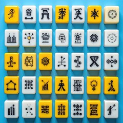 Grid of yellow and white square tokens, each with unique symbol