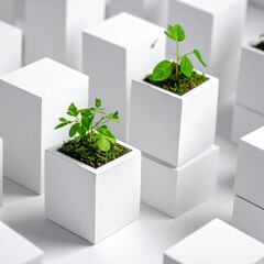 Small white cube planters,  plants sprout in geometric pattern