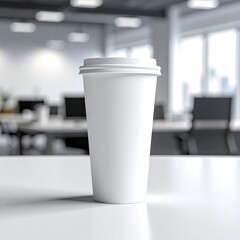 Blank white disposable coffee cup on a white table in an office setting
