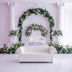 Elegant white wedding ceremony setup with floral arches and tufted sofa