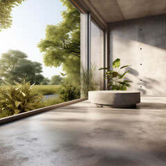 Modern concrete interior with large window and lush greenery