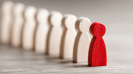 Red figure stands out from pale figures in a line wooden figurines leadership