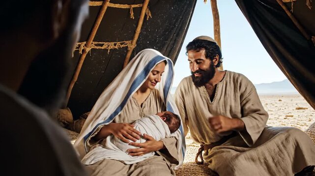 Woman and man with baby in ancient desert tent representing a biblical family scene in Sinai wilderness, humble living.
