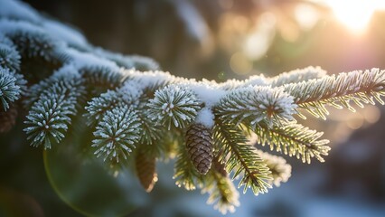 Frosty spruce branch bathed in golden sunlight a winter wonderland scene