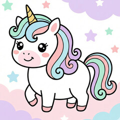Naklejka premium Whimsical pastel unicorn prances happily amidst dreamy clouds and sparkling stars, bringing magic and joy to any creative project.