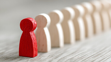 Red wooden figure stands out from blurred crowd pawn game piece