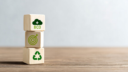 Stacked wooden cubes with green eco symbols eco friendly sustainability