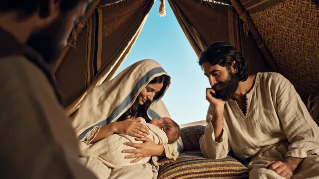 Woman cradling a baby with a man by her side inside a tent, depicting a biblical scene of family life in the desert.