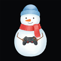 Cute snowman watercolor vector illustration as gamer holding controller isolated on black background

