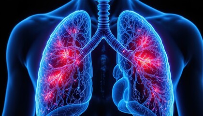 Explore the human lungs with vibrant detail, highlighting potential health concerns in an elegant anatomical visualization for medical study and awareness
