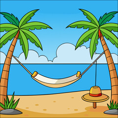 Tropical island beach landscape with palm trees, blue ocean water, and summer sun for a perfect travel vacation