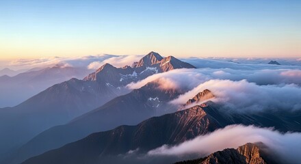 A scenic view of mountain peaks emerging through a sea of clouds at sunrise, creating a dramatic and serene landscape.