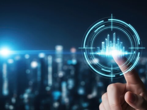 Finger touching futuristic holographic interface displaying smart city skyline with data analytics overlay