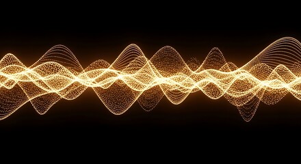 Golden glowing sound wave visualization on black background, abstract audio frequency, data stream, futuristic technology, high-resolution rendering