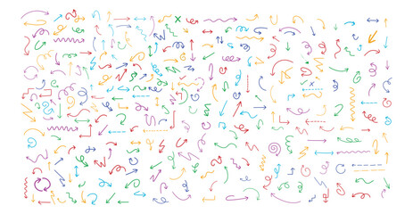 A collection of colorful hand drawn arrows pointing in various directions on a white background design element