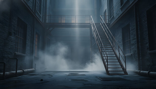 Dark and foggy urban alley with fire escape stairs and dramatic light
