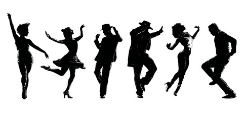 Diverse group of people silhouetted in dynamic dance poses against a clean white background