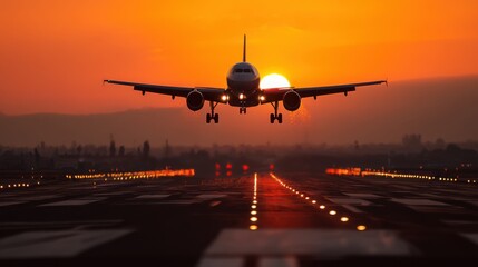 Fototapeta premium An airplane approaches the runway during a vibrant sunset. The sky is filled with hues of orange and red while runway lights illuminate the scene marking the pathway for landing.