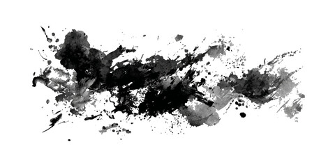 Abstract black ink splatters and splashes on a clean white background for artistic design