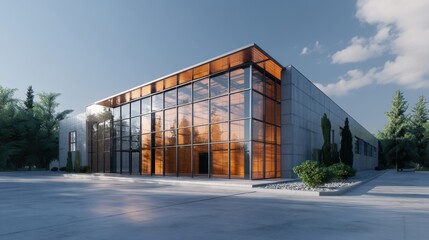 Obraz premium A contemporary structure features a large glass facade reflecting sunlight. The building is set in a natural environment with trees and a clear sky. The scene conveys tranquility and modernity.