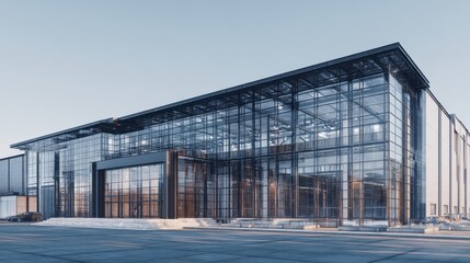 Obraz premium A striking glass structure stands prominently in an urban area featuring clean lines and a spacious entrance. The sunlight reflects off the windows highlighting the modern design.