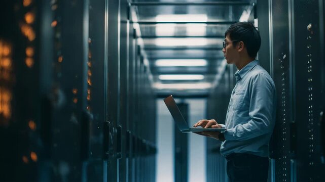 男性がサーバーラックの前で作業する瞬間