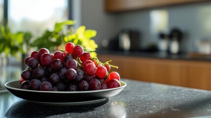 Grapes on plate on granite kitchen bar in modern apartment