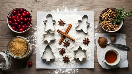 Christmas baking preparation with cookie cutters and spices on a rustic wooden table