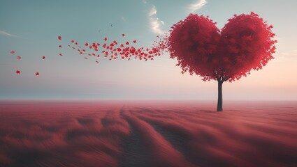 Heart-Shaped Red Tree at Sunrise | Romantic Landscape Wallpaper