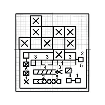Nonogram Logic Puzzle Diagram with Grid, X Marks, Numbers, and Flow Path Elements