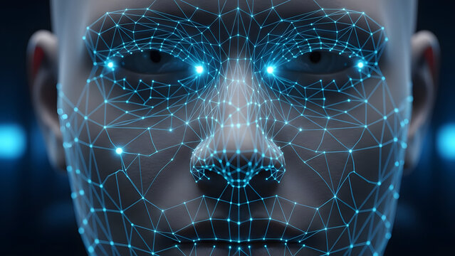 Digital Identity: A close-up shot revealing a person face integrated with a complex network of illuminated lines and glowing dots, symbolizing the intersection of technology and identity. - Powered by Adobe