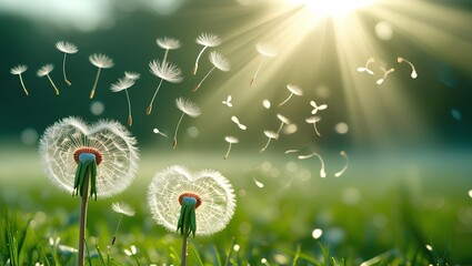 Dandelion Seeds Flying in Sunlit Meadow &ndash; Soft Spring Nature Macro Background
