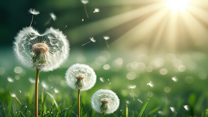 Dandelion Seeds Flying in Sunlit Meadow &ndash; Soft Spring Nature Macro Background