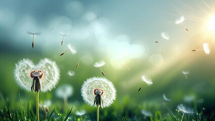Dandelion Seeds Flying in Sunlit Meadow &ndash; Soft Spring Nature Macro Background