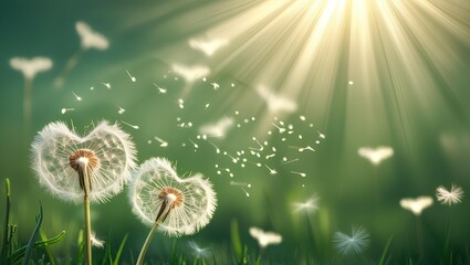 Dandelion Seeds Flying in Sunlit Meadow &ndash; Soft Spring Nature Macro Background